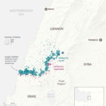 A map of Israel and Lebanon showing large numbers of strikes by Israel and Hezbollah near the border since October 7, 2023