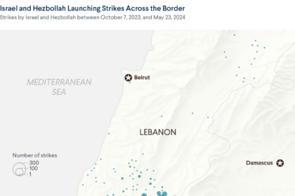 A map of Israel and Lebanon showing large numbers of strikes by Israel and Hezbollah near the border since October 7, 2023