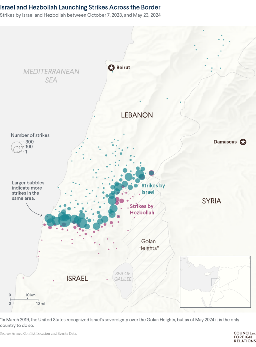 A map of Israel and Lebanon showing large numbers of strikes by Israel and Hezbollah near the border since October 7, 2023