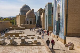 The Shah-i-Zinda necropolis in Samarkand, Uzbekistan. October 4, 2019. (Tony Cenicola/The New York Times)